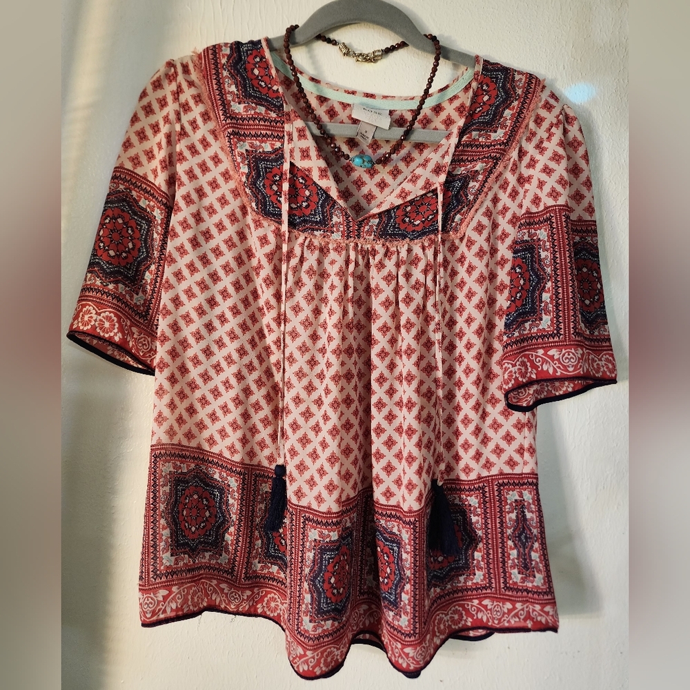 Knox Rose Red and Pink Boxy Blouse with Bib Collar